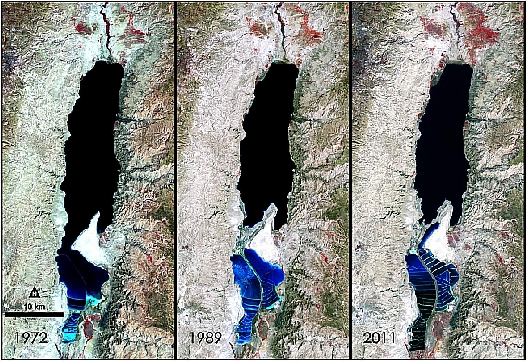 Figure 46: Three Landsat images of the Dead Sea (Israel) over a period of 4 decades (Image credit: NASA/GSFC) 56)