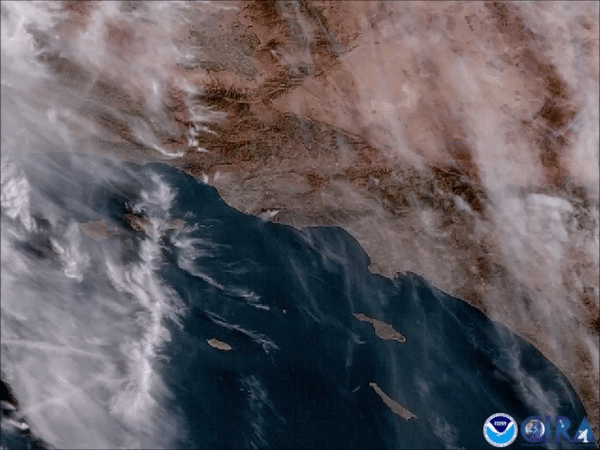 Figure 4: GOES-17 sees a thick plume of brown smoke from the Woolsey Fire in southern California on Nov. 13, 2018 (image credit: NOAA)