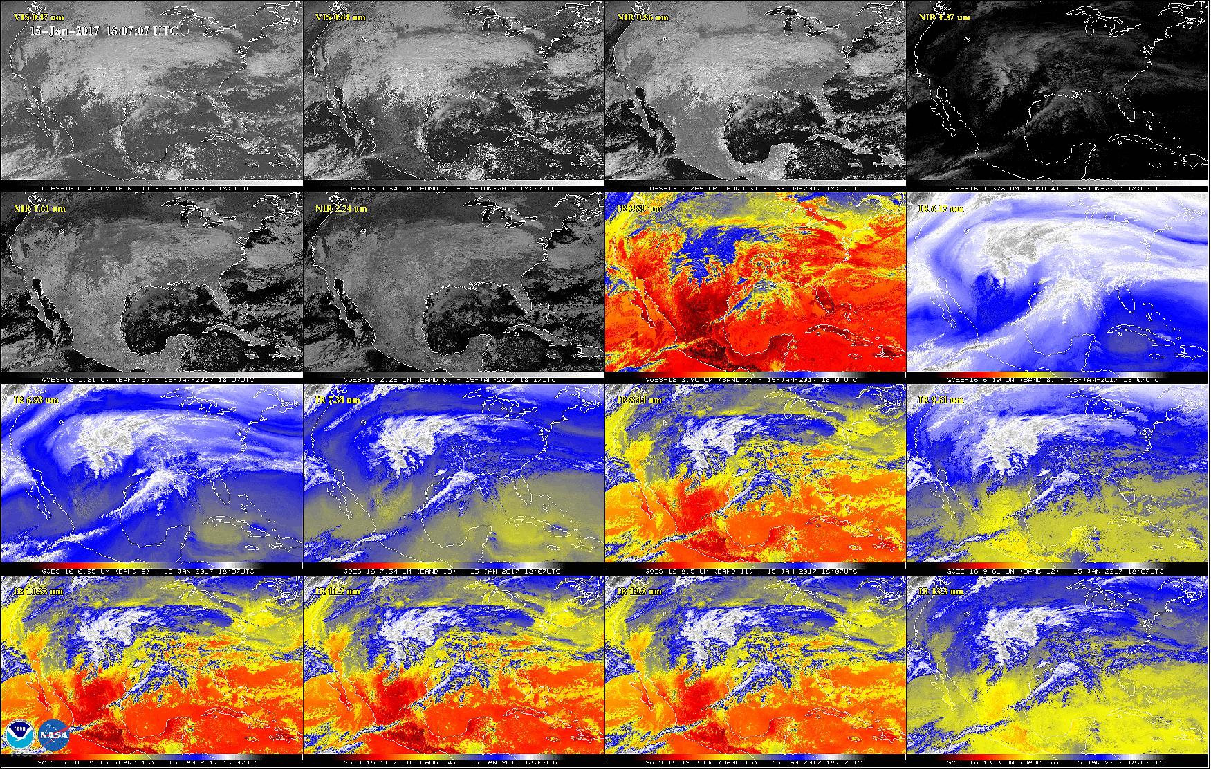 Figure 23: This 16-panel image shows the continental United States in the two visible, four near-infrared and 10 infrared channels on ABI, acquired on Jan. 15, 2017. These channels help forecasters distinguish between differences in the atmosphere like clouds, water vapor, smoke, ice and volcanic ash (image credit: NOAA/NASA)