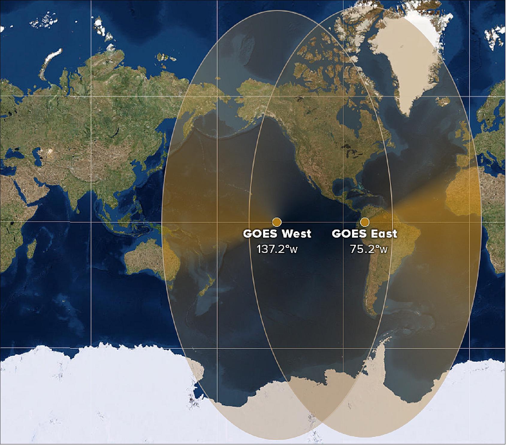 Figure 7: This maps shows the geographical coverage area of the GOES East and West satellites (image credit: NOAA)