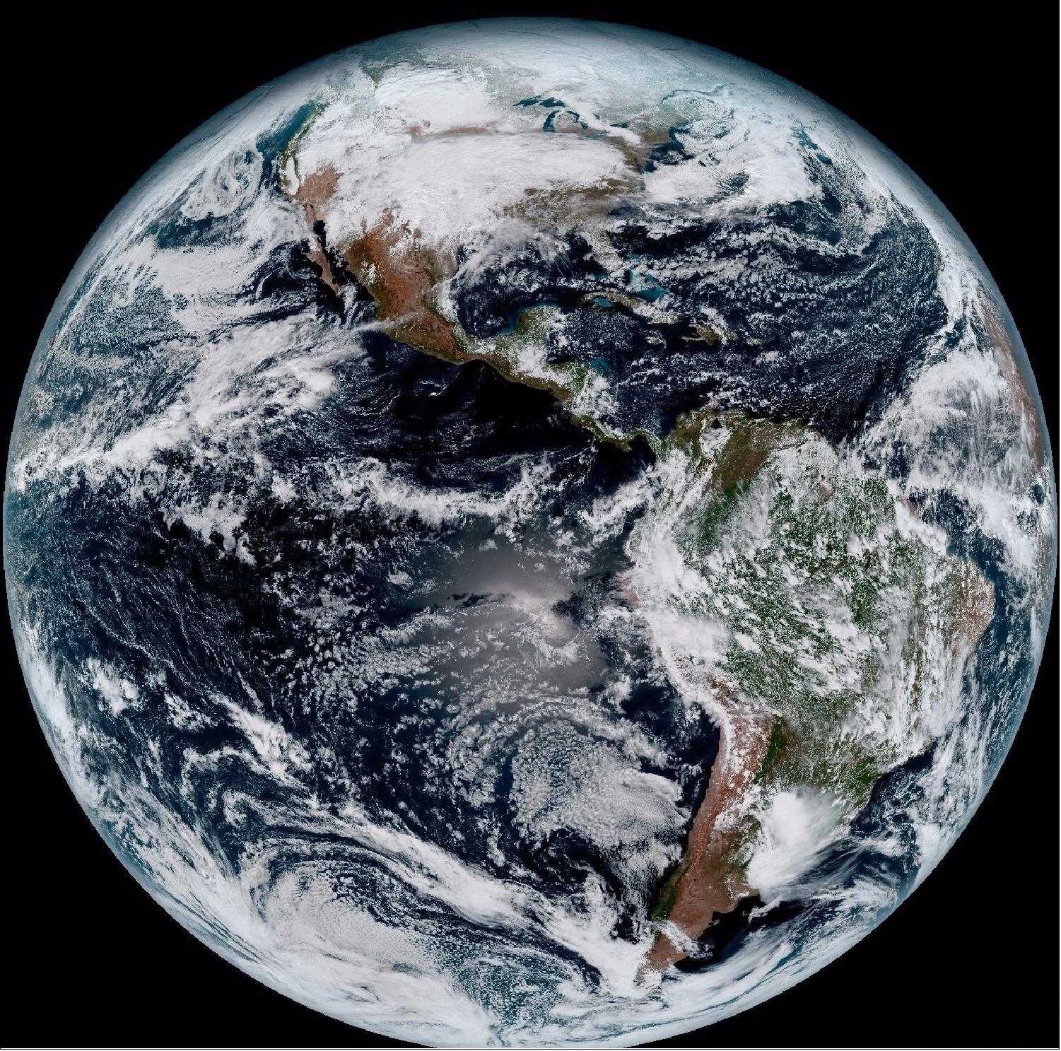 Figure 22: This composite color full-disk visible image of the Western Hemisphere was captured from NOAA GOES-16 satellite on Jan. 15, 2017 and was created using several of the 16 spectral channels available on the satellite's ABI (Advanced Baseline Imager). The image shows North and South America and the surrounding oceans (image credit: NOAA)