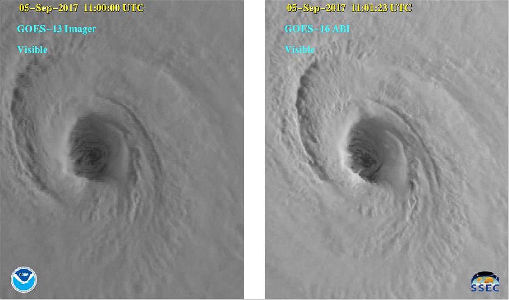 Figure 13: This figure demonstrates the increased spatial resolution of satellite data for Hurricane Irma from GOES-13 [left] and GOES-16 [right]. On previous GOES missions these high-resolution images were not routine, but with GOES-16’s advanced capabilities, these images are now operational (image credit: Colorado Institute for Research in the Atmosphere, Colorado State University)