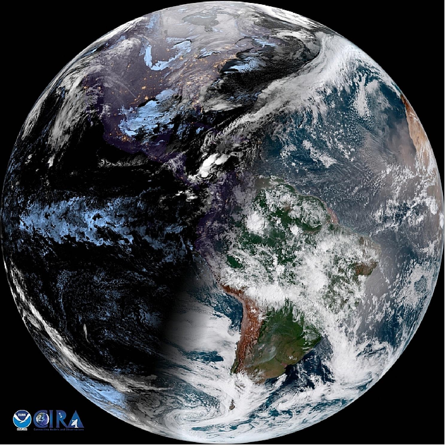 Figure 11: Full disk view as seen in GeoColor : 3 Jan. 2018 - 11:45 GMT or 07:45 EST (image credit: NOAA/NESDIS)