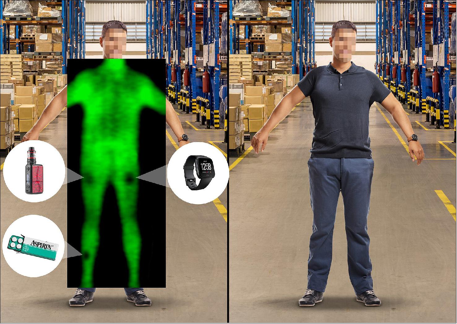 Figure 2: Terahertz imaging to spot concealed items under clothes. The global logistics and supply chain industry represents a focus of interest for passive terahertz screening, co-patented by ESA and marketed by ThruVision. The massive distribution centers that serve the fast-growing e-commerce sector, staffed by thousands of employees, have proved attractive targets for theft by organized crime and individuals. Traditionally such centers perform randomized employee patdowns using portable metal detectors, which are intrusive, unpopular and thanks to the COVID-19 pandemic, unsanitary. They are also ineffective, being unable to detect non-metallic objects. Instead SONY Digital Audio Disc Corporation, the manufacturing logistics arm of SONY Corporation has begun using the passive terahertz system to routinely screen all its distribution centre workers. Operating from a distance of 3 m away, the technology can even detect very small metallic and non-metallic objects, such as CDs, cell phones or USB drives (image credit: ThruVision)
