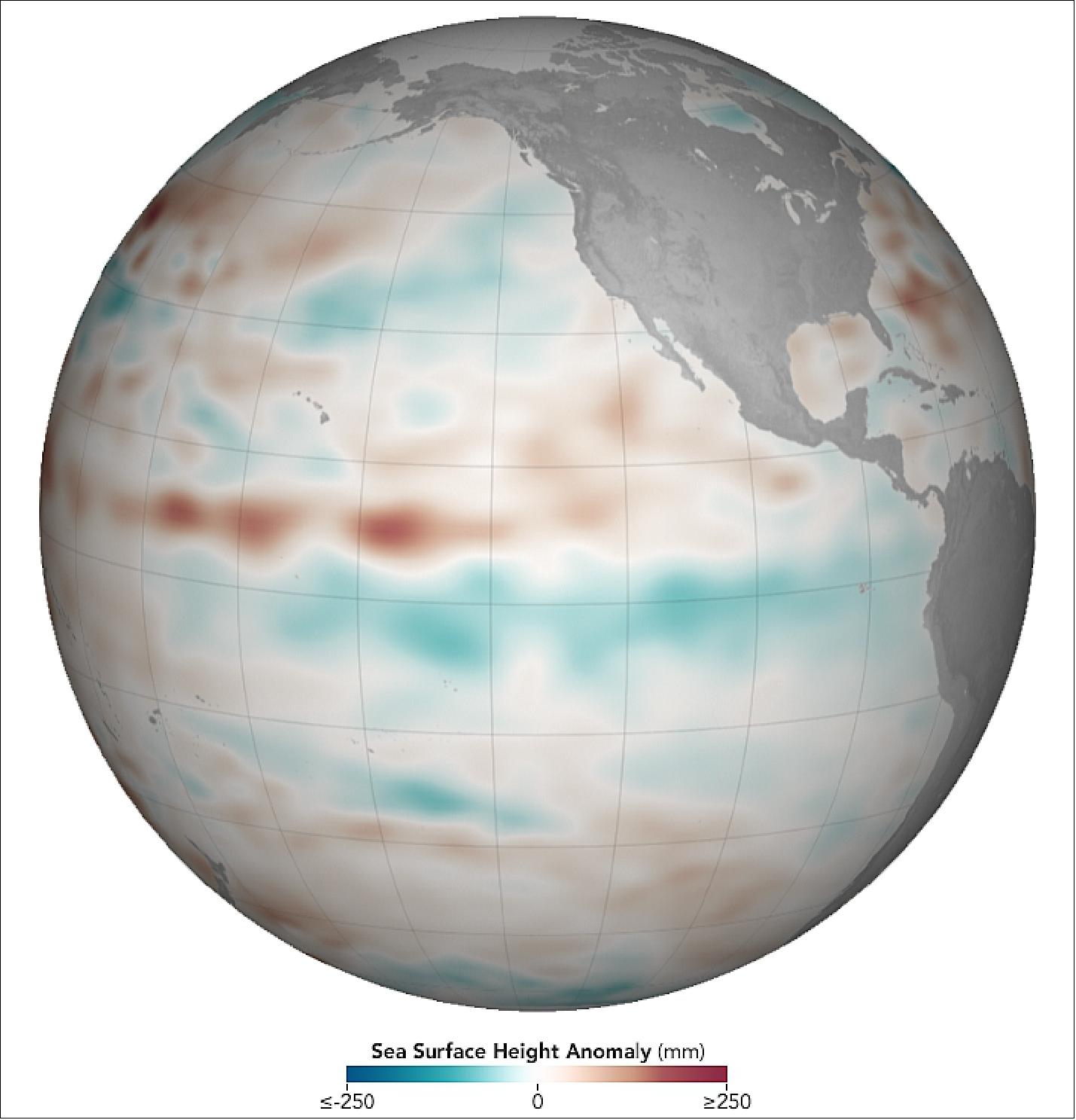 Figure 14: The Pacific sea surface height anomalies on December 7, 2017, as analyzed by NASA scientists (image credit: NASA Earth Observatory, images by Joshua Stevens, using Jason-2 and Jason-3 data provided by Akiko Kayashi and Bill Patzert, NASA/JPL Ocean Surface Topography Team, story by Michael Carlowicz)