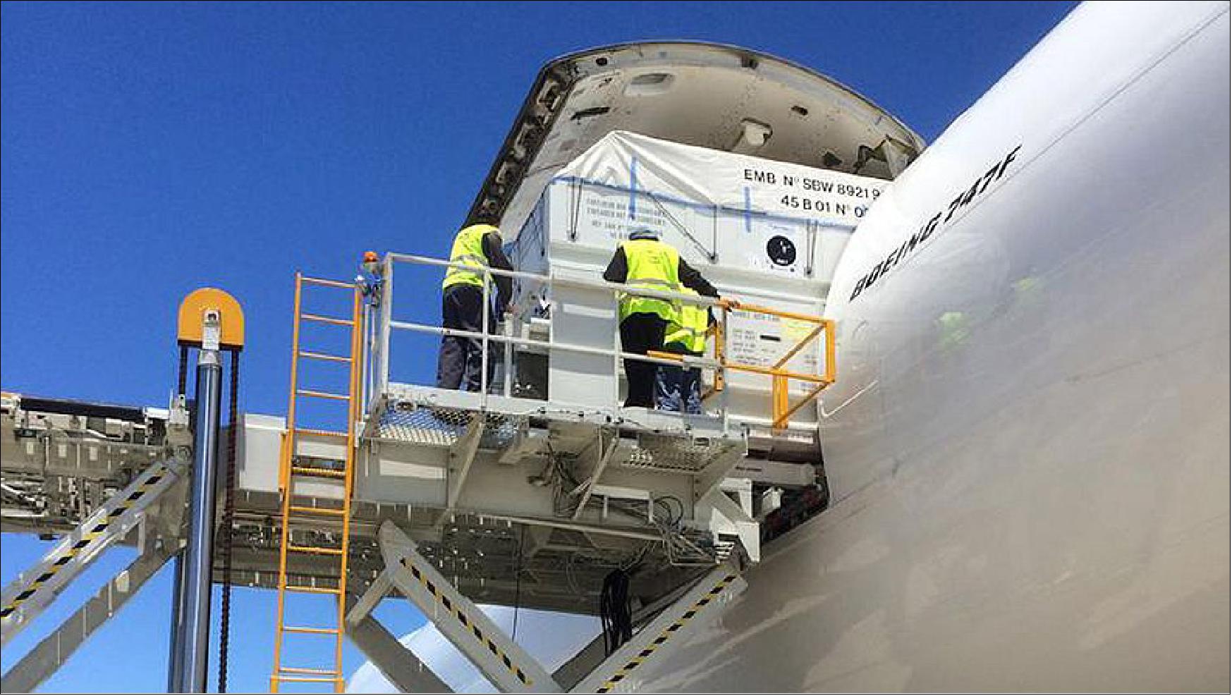 Figure 6: Photo of the Jason-3 spacecraft being unloaded from a 747 transport aircraft at Vandenberg Air Force Base, California, on June 18, 2015, concluding a journey from the Thales Alenia Space manufacturing facility in France (image credit: NASA/JPL) 14)