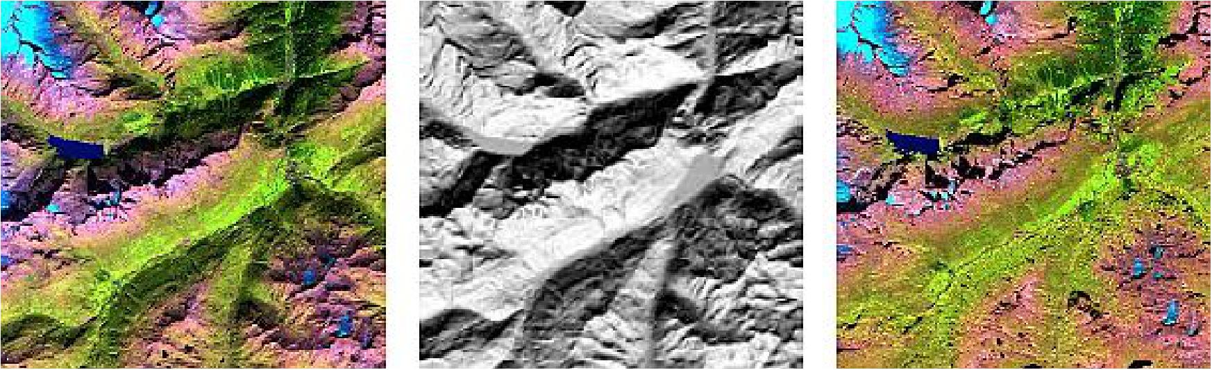 Figure 28: Example of topographic correction. Left image: without topographic correction; Middle: slope image derived from a DEM; Right: with topographic correction. (Example SPOT-5 scene from Switzerland), image credit: DLR