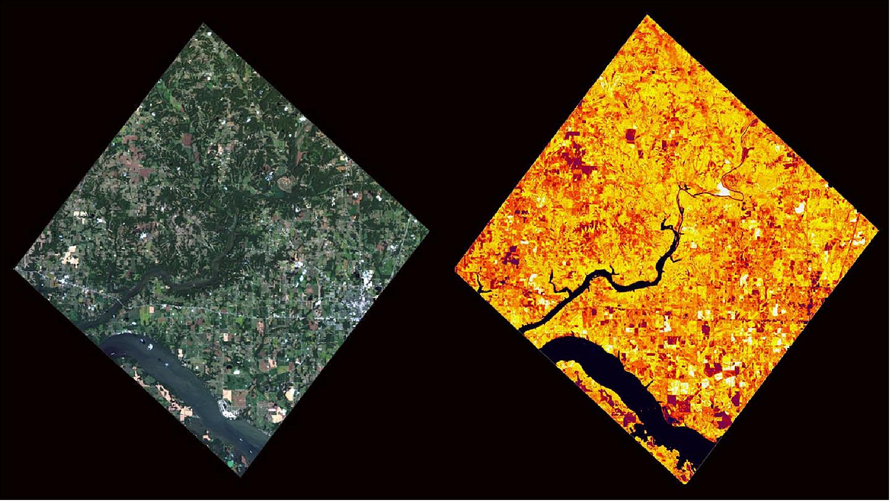 Figure 23: First images of the hyperspectral instrument DESIS. Left: Optical image of the environment of Huntsville, AL; Right: A processed image showing the vegetation density (image credit: DLR)
