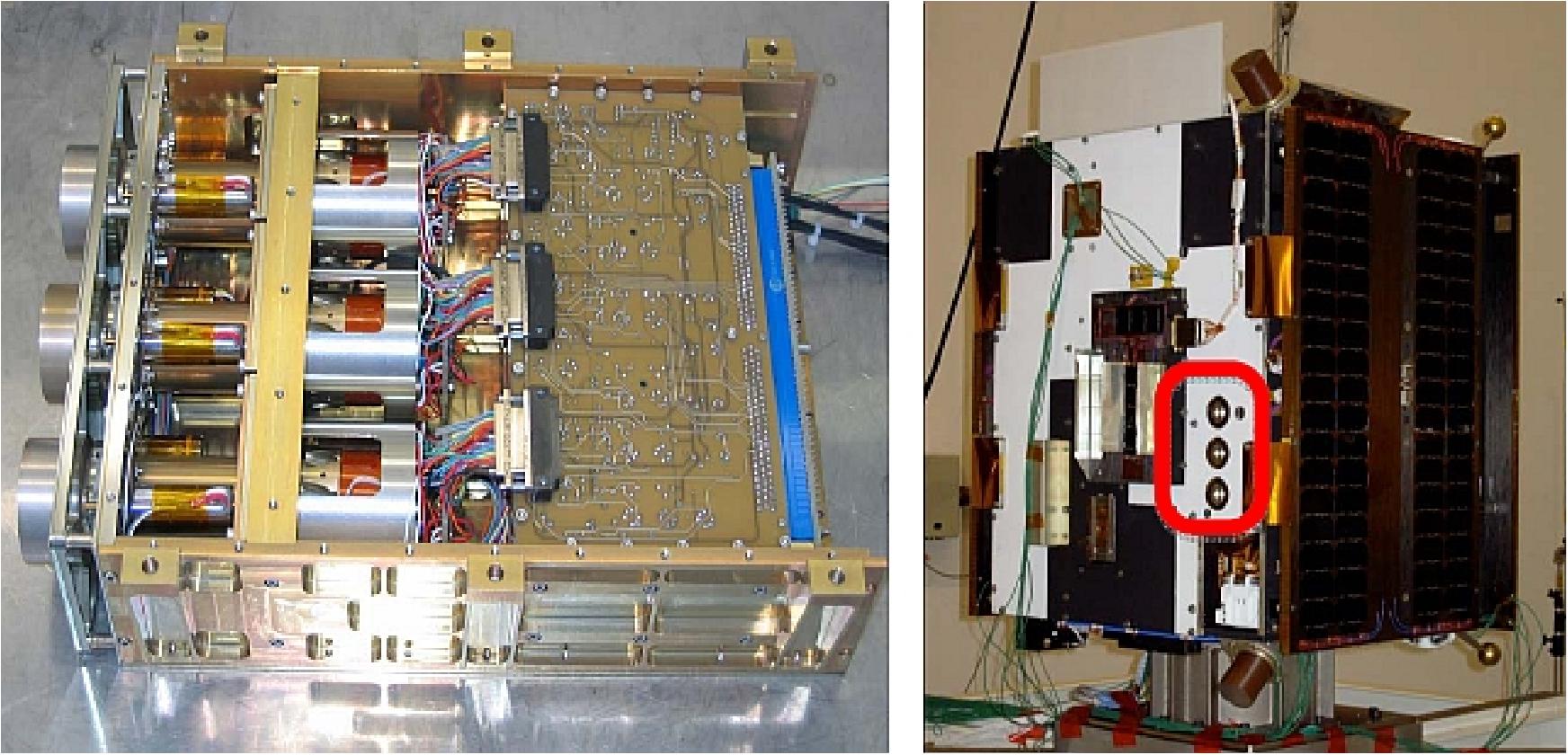 Figure 47: Photo of the LYRA instrument (left) and LYRA on the PROBA-2 spacecraft (right), image credit: CSL, ROB, PMOD/WRC