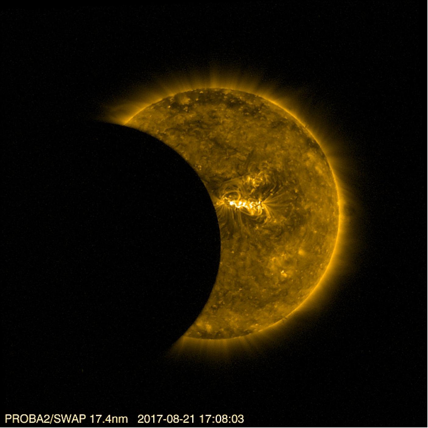 Figure 28: As the US enjoyed a total solar eclipse on 21 August 2017, ESA's Sun-watching Proba-2 satellite captured partial eclipses from its viewpoint, 800 km above Earth. Proba-2 orbits Earth about 14.5 times per day, and thanks to the constant change in viewing angle, it can dip in and out of the Moon's shadow several times during a solar eclipse. This still image shows one of the first images available from today's eclipse, taken at 17:08 GMT. The image was taken by the SWAP imager, and shows the solar disc in extreme-ultraviolet light to capture its turbulent surface and swirling corona corresponding to temperatures of about a million degrees (image credit: ESA/Royal Observatory Belgium)