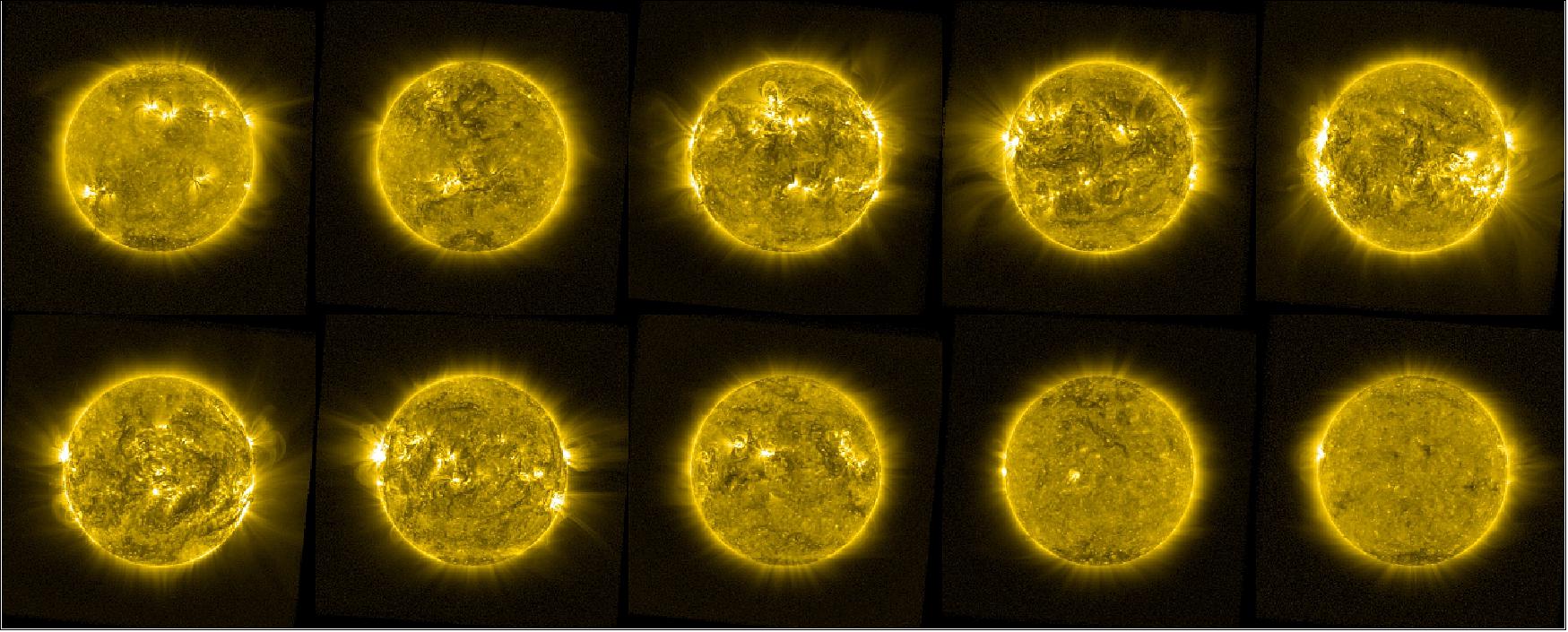 Figure 15: This image shows 10 different views of the Sun captured throughout PROBA-2's lifetime, processed to highlight the extended solar atmosphere – the part of the atmosphere that is visible around the main circular disc of the star. - The individual frames of the image shown here were captured on (top row, left to right): 20 February 2010, 1 February 2011, 20 January 2012, 5 February 2013, 28 January 2014, and (bottom row, left to right) 19 January 2015, 5 February 2016, 22 January 2017, 2 February 2018, and 1 February 2019 (image credit: ESA/Royal Observatory of Belgium)