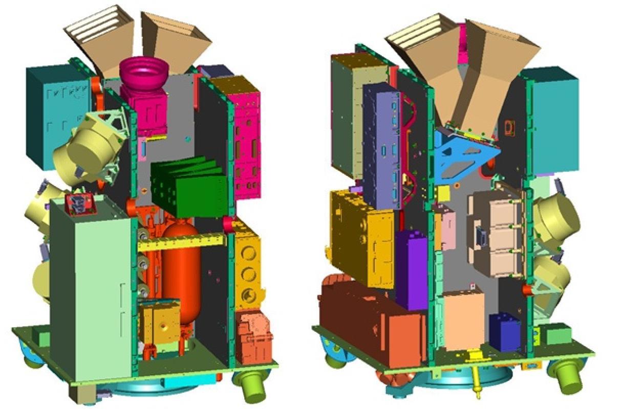 Figure 2: Artist's illustration (2 views) of the internal structure of PROBA-2 (image credit: ESA)