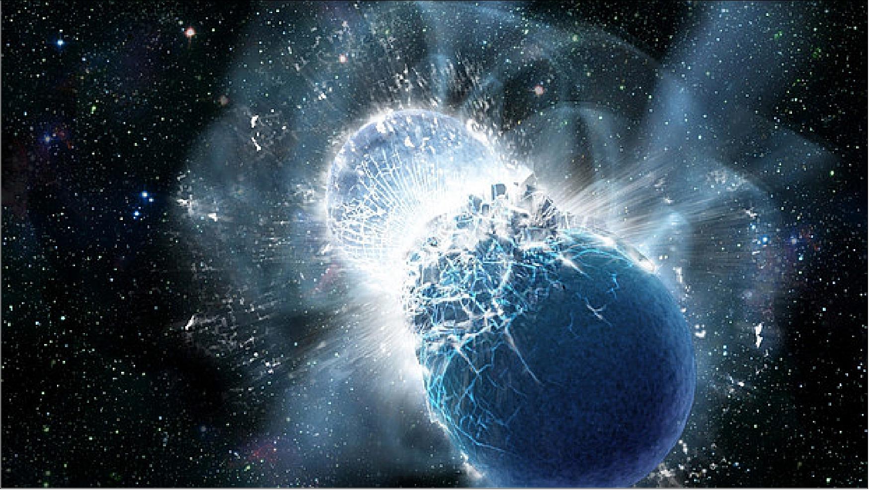 Figure 23: An artist’s illustration of two colliding neutron stars (image credit: NASA/Swift/Dana Berry)