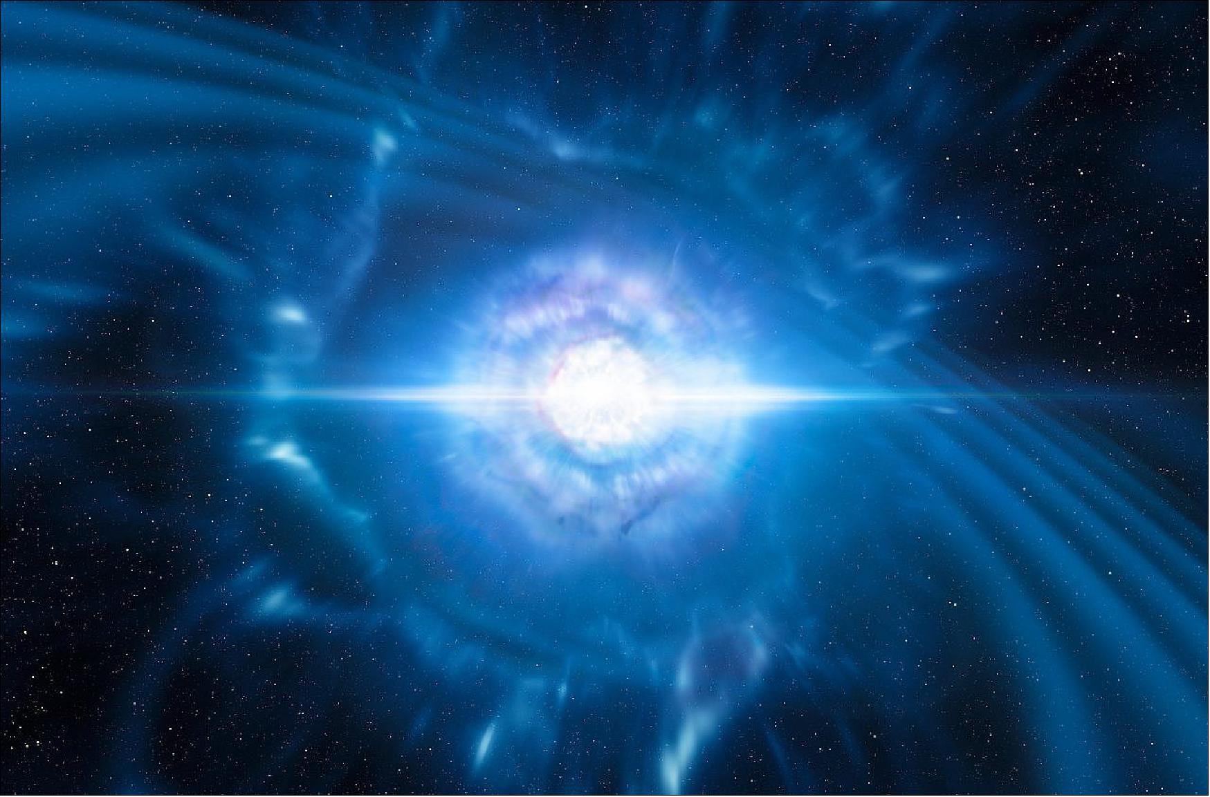 Figure 36: This artist’s impression shows two tiny but very dense neutron stars at the point at which they merge and explode as a kilonova. Such a very rare event is expected to produce both gravitational waves and a short gamma-ray burst, both of which were observed on 17 August 2017 by LIGO–Virgo and Fermi/INTEGRAL respectively. Subsequent detailed observations with many ESO telescopes confirmed that this object, seen in the galaxy NGC 4993 about 130 million light-years from the Earth, is indeed a kilonova. Such objects are the main source of very heavy chemical elements, such as gold and platinum, in the Universe (image credit: ESO/L. Calçada/M. Kornmesser)