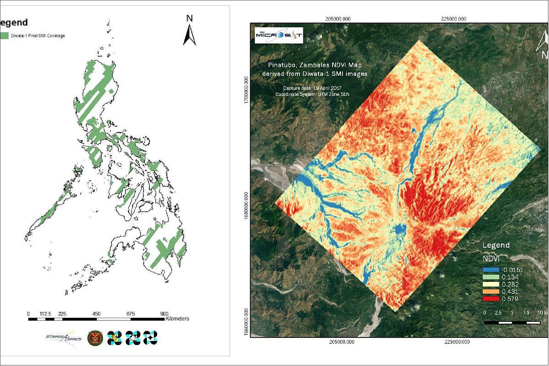 Figure 7: Left: A visual representation of Diwata-1's coverage of the Philippines during its four-year mission. Right: A derived NDVI image of Mount Pinatubo taken by the Diwata-1 Spaceborne Multispectral Imager sensor on April 19, 2017. The reddish patches represent the local flora in the area (image credit: STAMINA4Space Program)