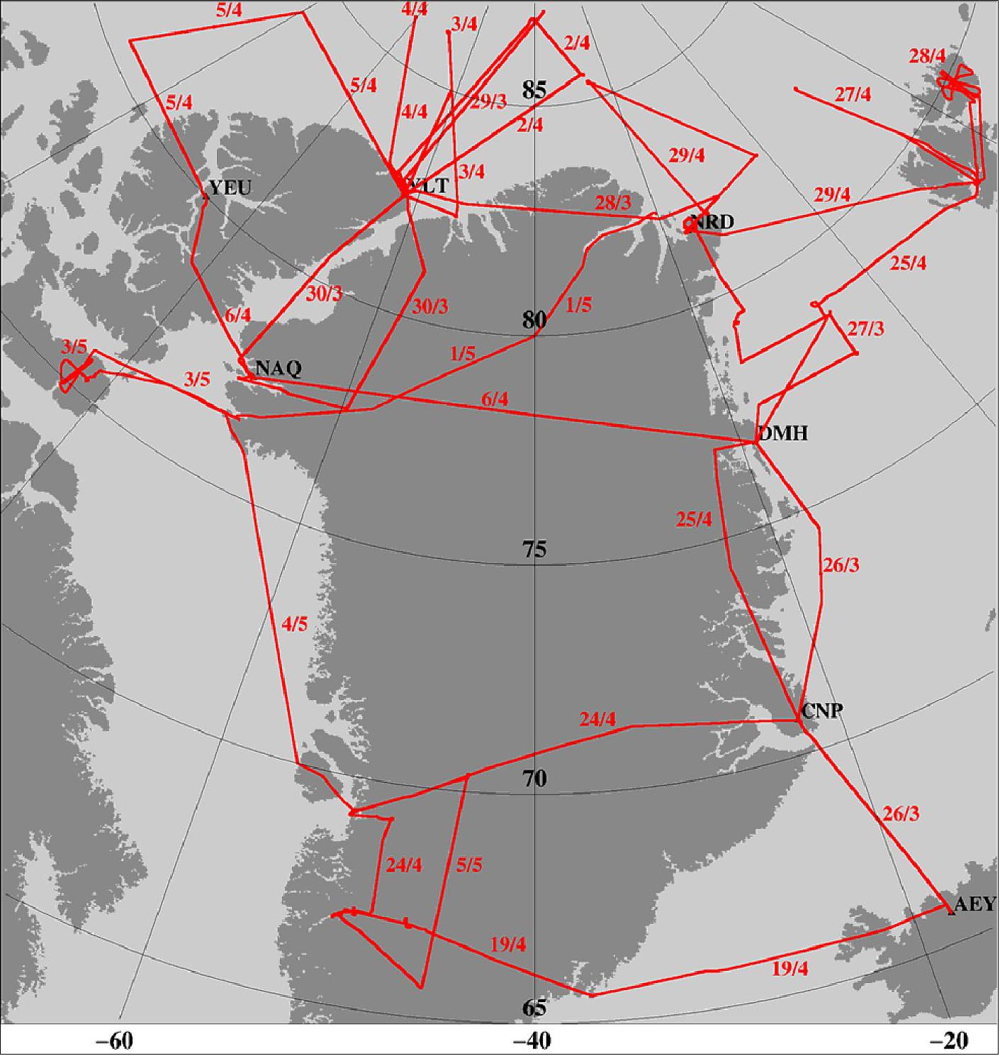 Figure 20: Overview of the flight tracks (red lines) from the CryoVEx 2012 airborne campaign. Dates of the respective flights are marked next to the flight lines (image credit: DTU Space)