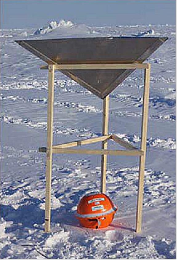 Figure 17: Corner reflector on wooden stand with GPS buoy beneath it (image credit: ESA)