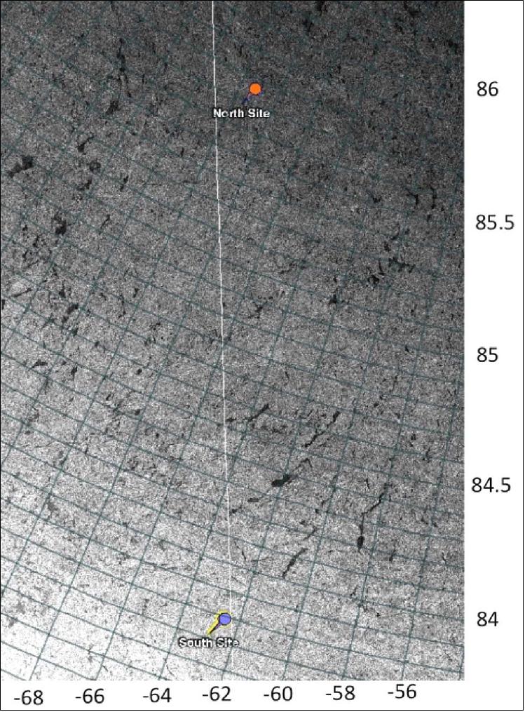 Figure 16: ASAR imagery from 15 April 2011 with CryoSat-2 track superimposed in white showing North and South sites. ASAR: 201104152147 (image credit: ESA)