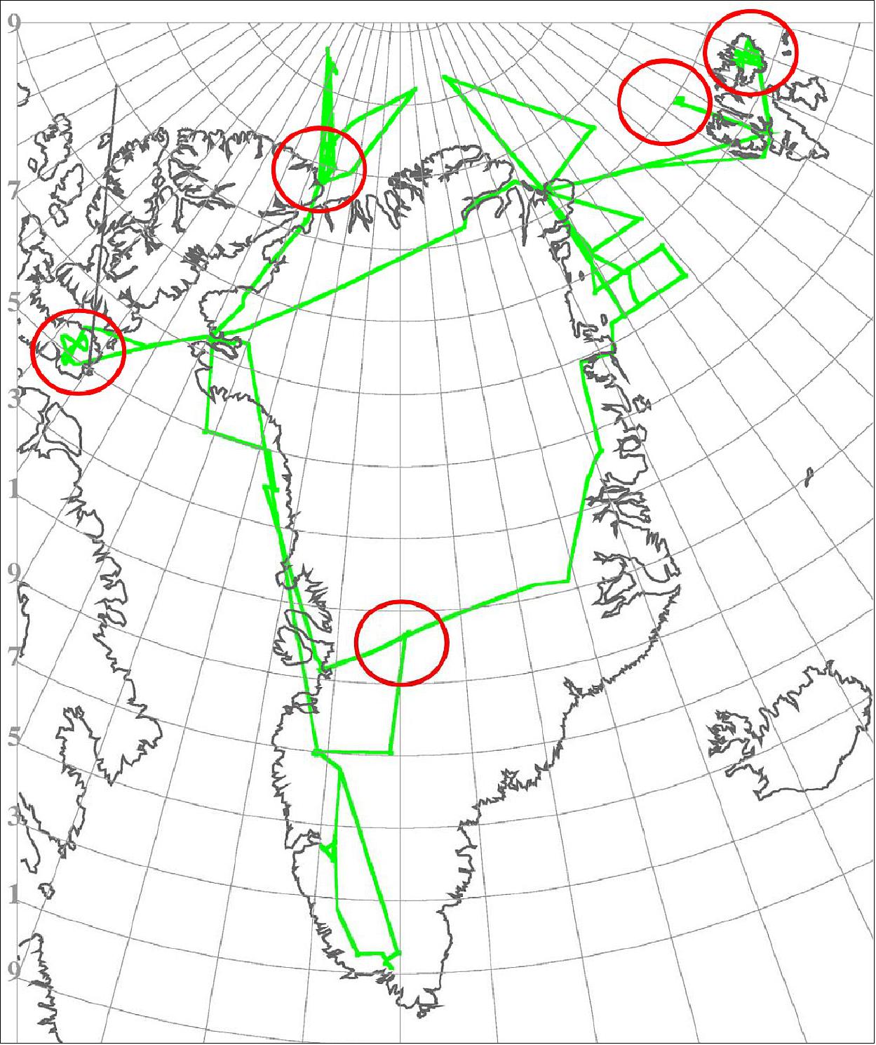 Figure 14: Overview of the flight tracks (green lines) from the CryoVEx 2011 campaign including non-ESA flights. The five main validation sites are marked by red circles (image credit: ESA, DTU Space)