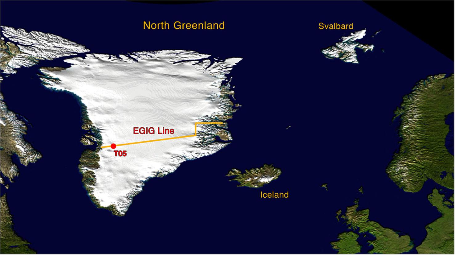 Figure 9: Greenland showing the EGIG (Expédition Glaciologique Internationale Groenland) line and site T05. This is the location where the Climate Change College students will participate in CryoVEx validation activities at the beginning of May 2006. The EGIG line crosses the central Greenland ice sheet and since it was first traversed in 1959 has been the site of various scientific surveys (image credit: ESA)