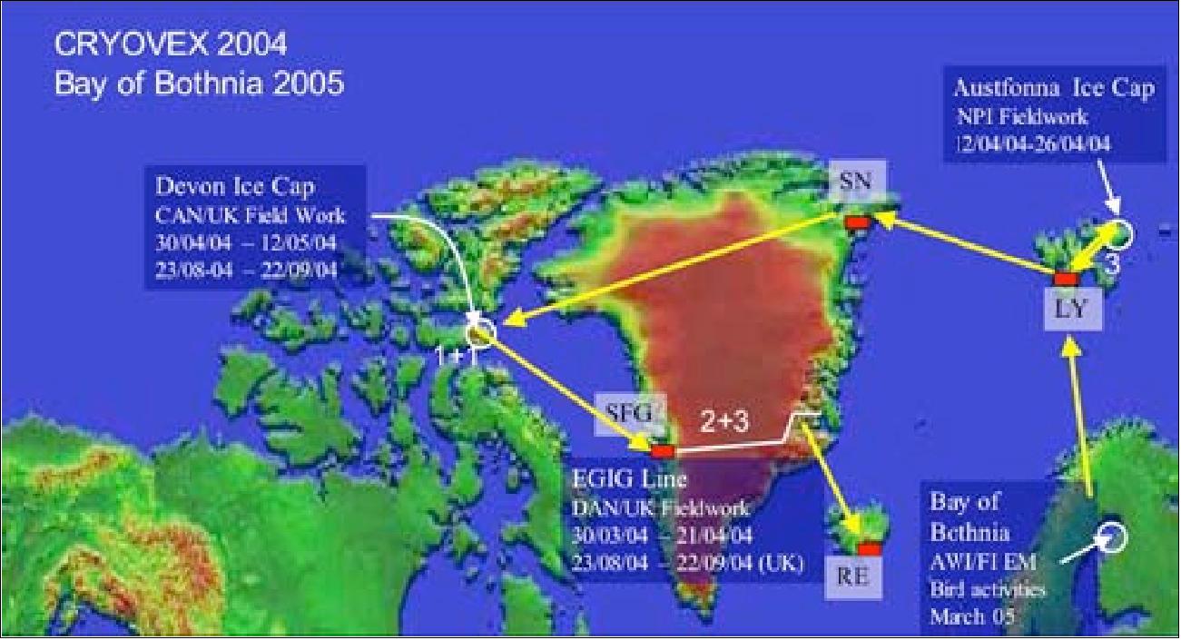 Figure 8: CryoVEx 2004 and Bay of Bothnia 2005 campaign sites and traverses (image credit: ESA)