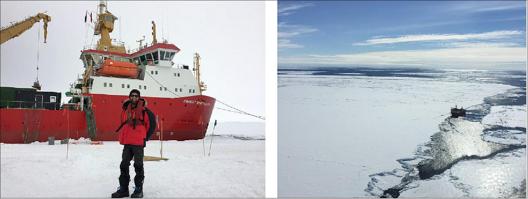 Figure 37: Left: R/V Ernest Shackleton at Three Ronne Depot (Alex Coccia, Metasensing, in front). Right: R/W Shackleton moored at large ice floe in the central Weddell Sea (photos: Dave Landy, BAS)
