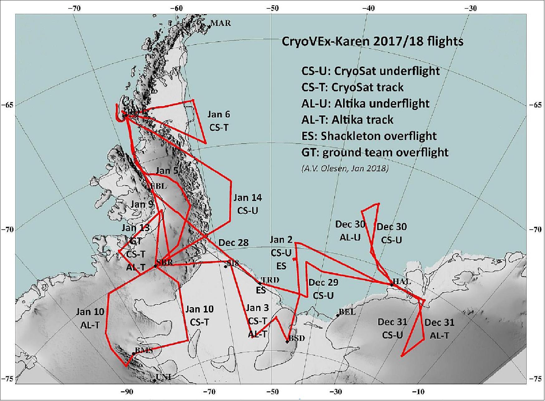 Figure 35: Overview of the flight tracks from the CryoVEx/KAREN Antarctic 2017-18 airborne campaign (image credit: DTU Space, ESA)