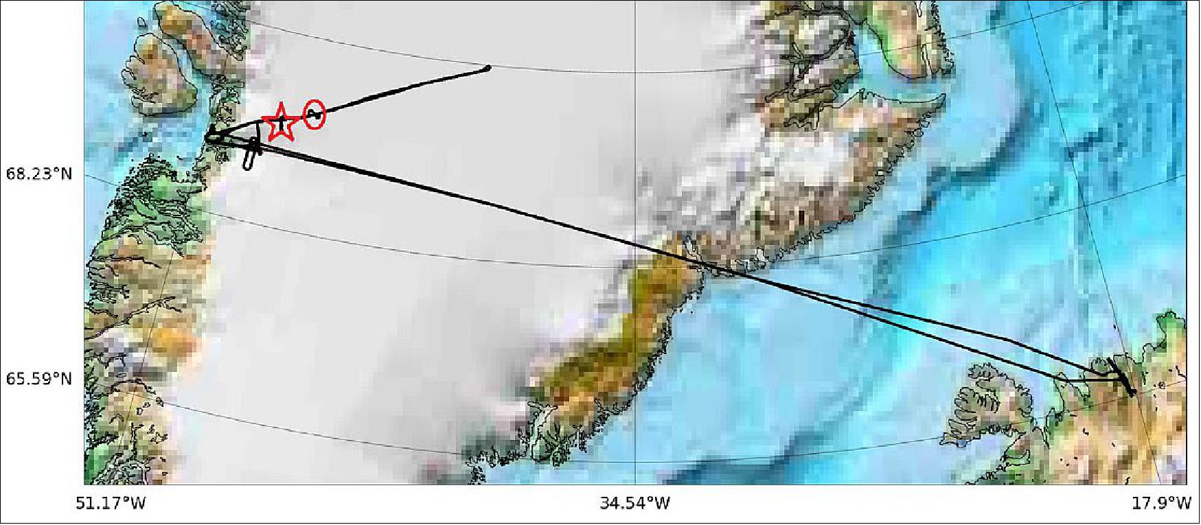 Figure 31: Overview of the flight tracks (black lines) from the CryoVEx/KAREN 2016 campaign. The star marks the location of the in situ site October 25 and the circle marks their location October 27 (image credit: DTU Space)