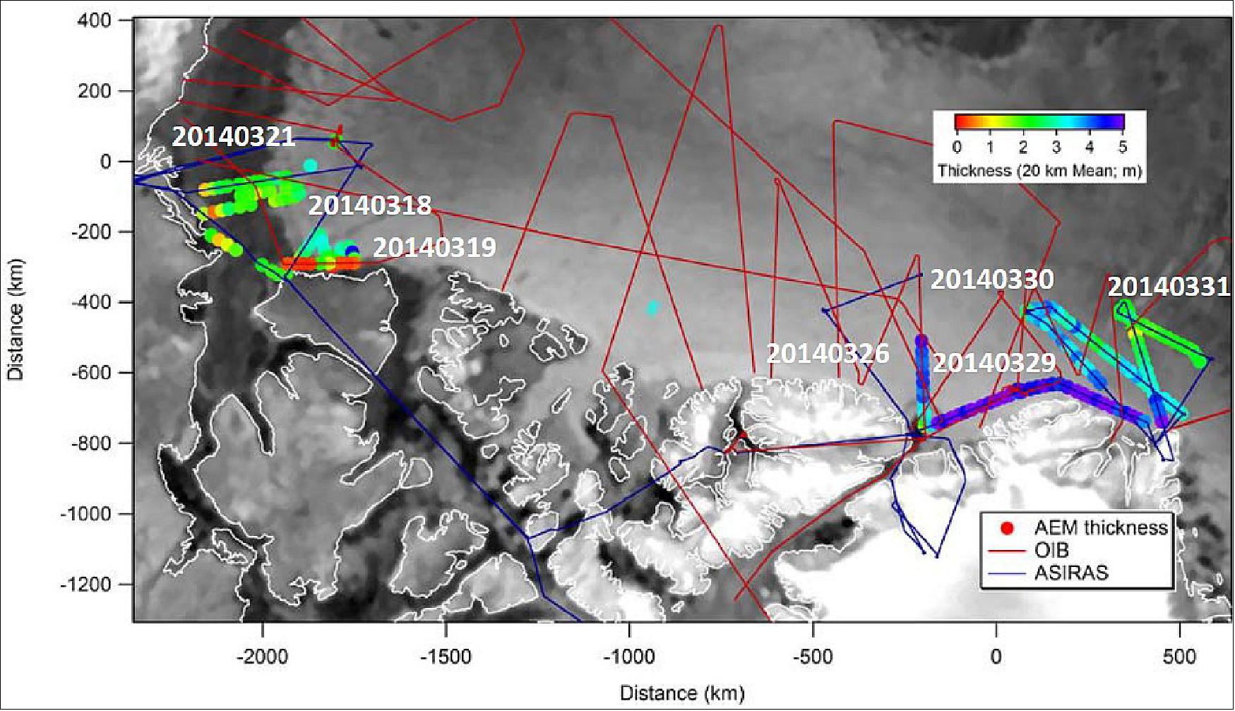 Figure 28: Map of all AEM ice thickness surveys, and ASIRAS and Operation IceBridge (OIB) flight tracks. Background map is ASCAT radar backscatter information on March 26, 2014, obtained from BYU (image credit: YU)