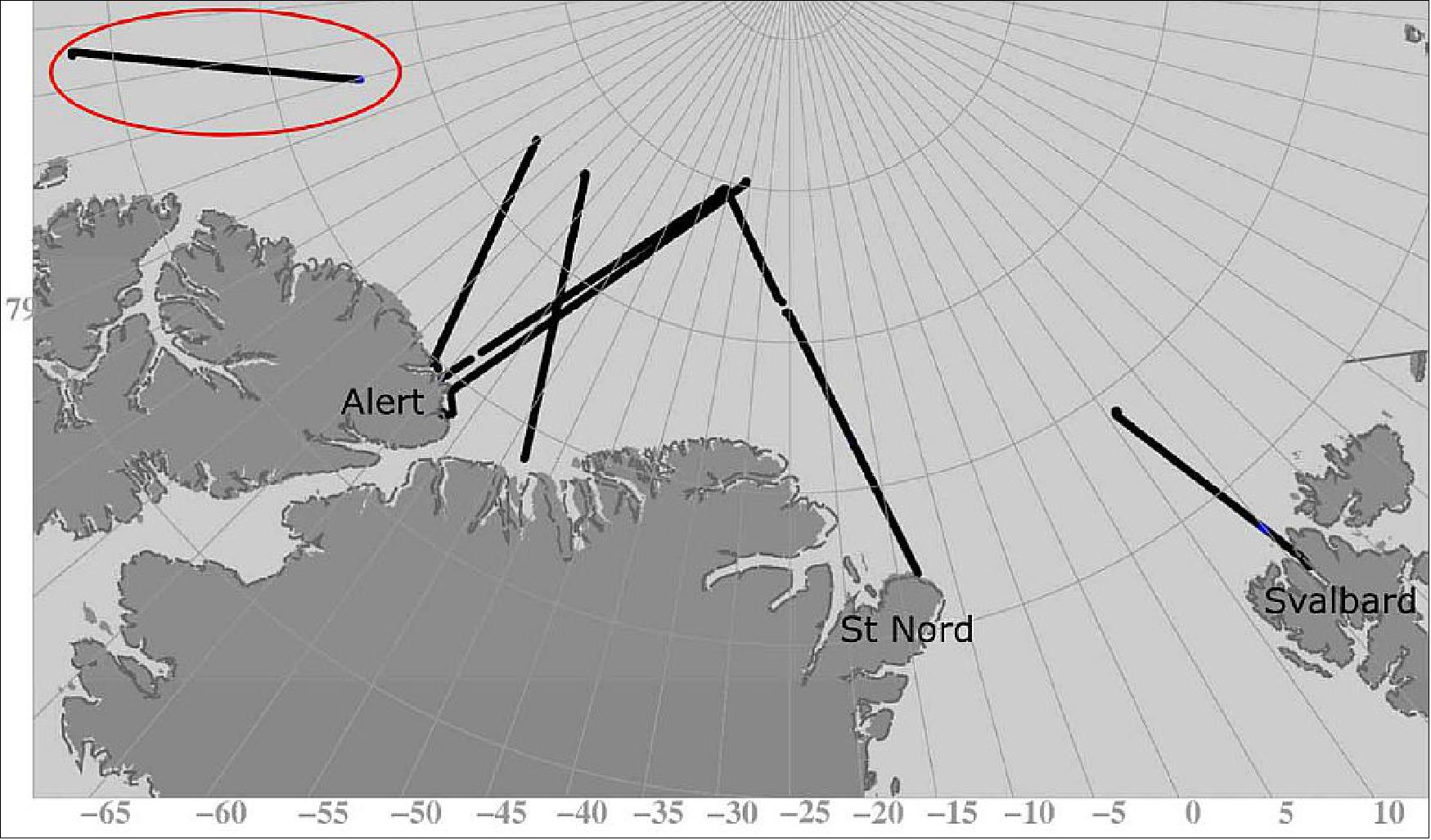 Figure 24: Flight tracks from underflights of CryoSat-2 in the Arctic Ocean (image credit: DTU Space, ESA)