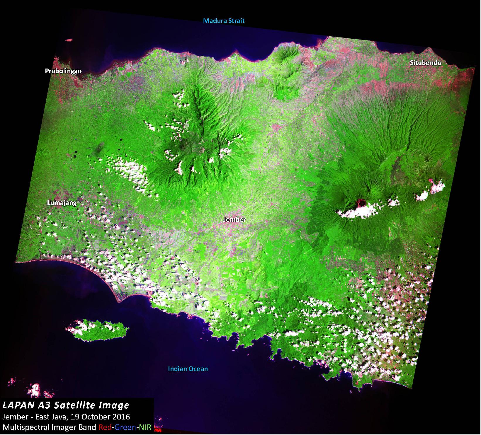 Figure 10: LAPAN-A3 image of the Jember regency of the East Java province, acquired with MSI on 19 October 2016 (image credit: LAPAN)