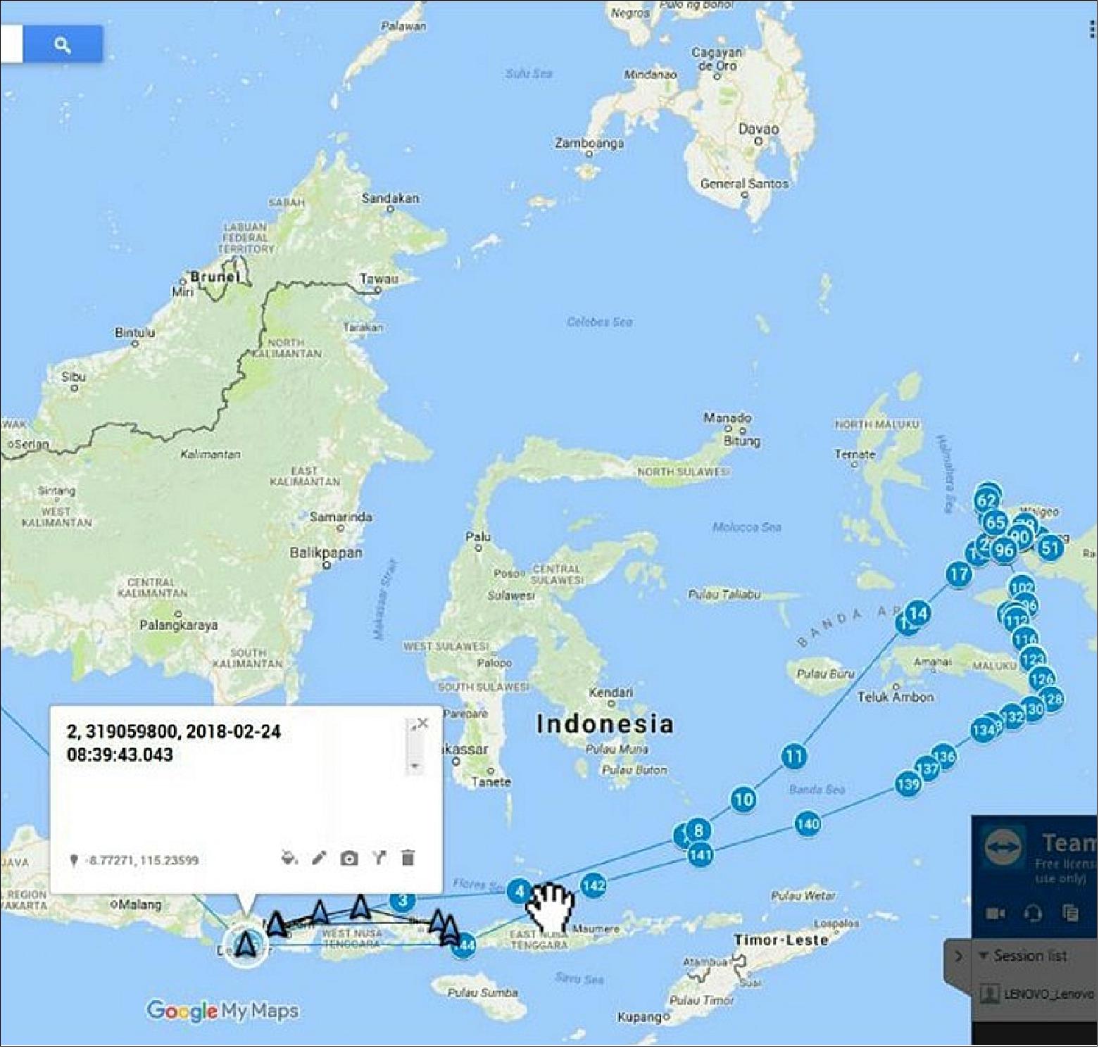 Figure 7: LAPAN-A2 & LAPAN-A3 data tracking of the Equanimity ship in February 2018. The ship was hiding in Indonesian waters trying to escape from FBI surveillance (image credit: LAPAN)