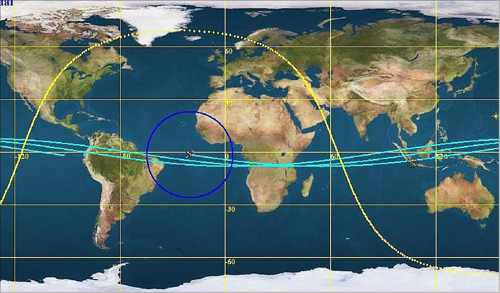 Figure 4: Presentation of LAPAN-A2/ORARI (blue, near equatorial) and LAPAN-A3/IPB satellites (sun-synchronous) orbital coverage for countries like Indonesia (image credit: LAPAN)