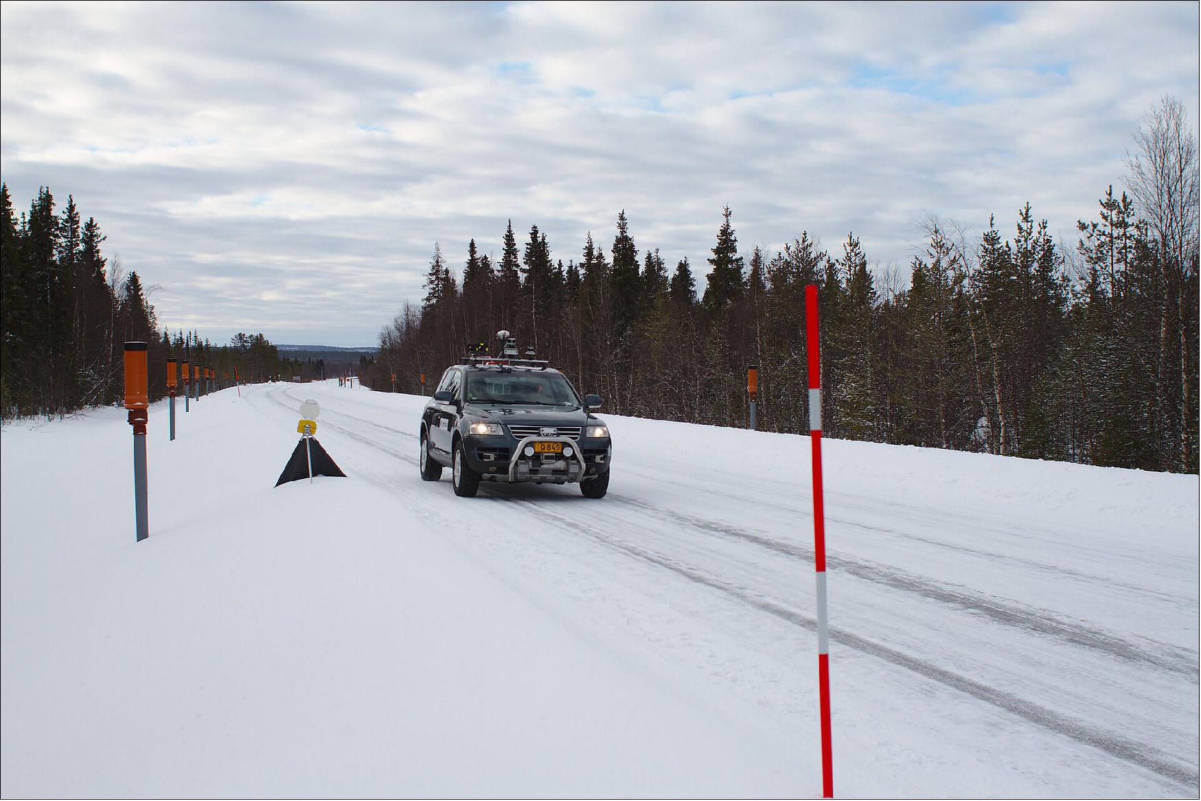 Figure 4: Snowbox test roadway. An ESA-supported effort put the intelligent Snowbox road up in Finnish Lapland through its paces, assessing its suitability for testing autonomous vehicles in some of Europe’s most challenging driving conditions (image credit: FGI)