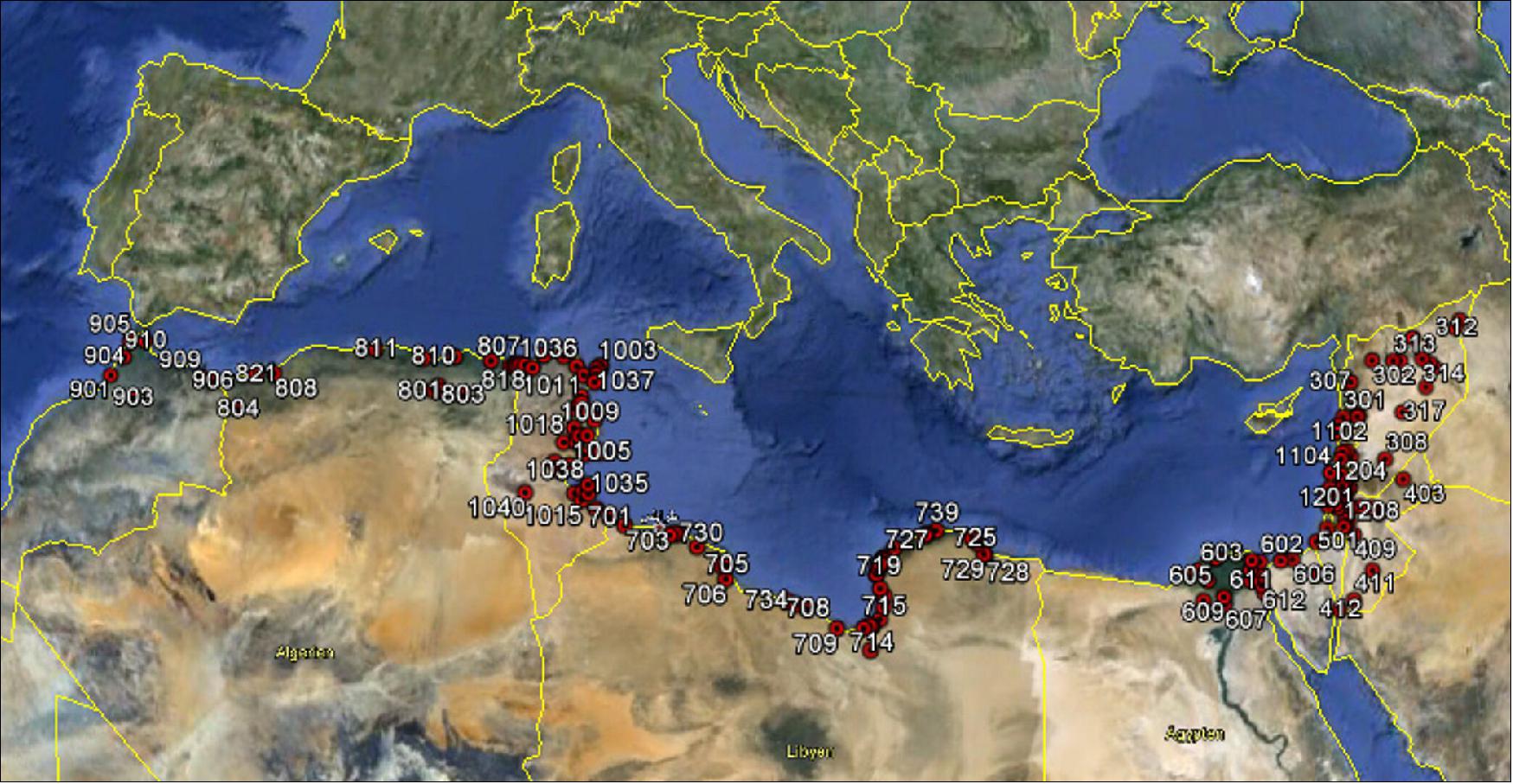 Figure 17: Mediterranean Basin test sites. More than 2000 GlobWetland II maps and indicators have been produced on 200 wetland sites selected in the coastal river catchment in ten countries along the Southern Mediterranean Basin, from Morocco to Syria (image credit: GlobWetland II project, Google Earth)