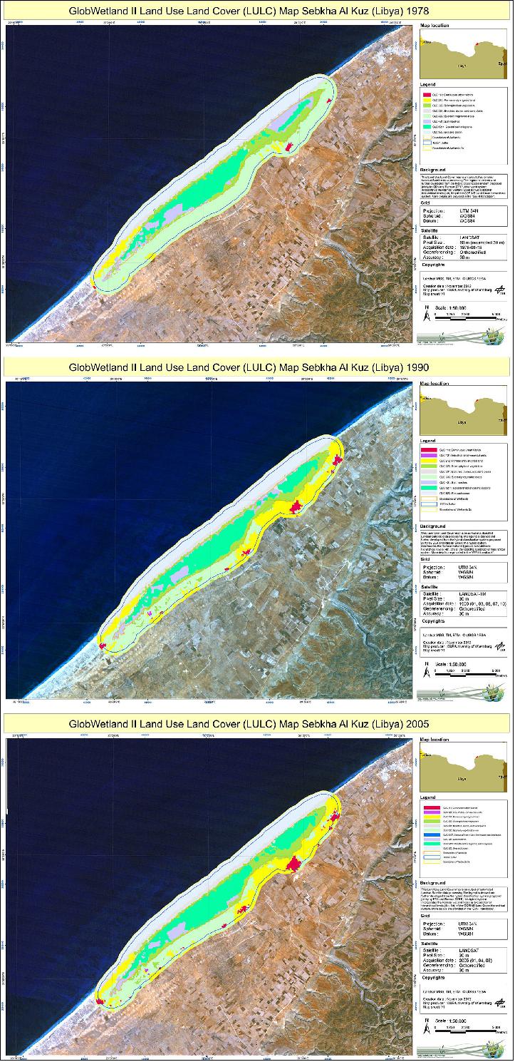 Figure 16: Wetland monitoring in Libya. Land use and land cover maps from 1978 (top), 1990 (middle) and 2005 (bottom) of a wetland area in northeastern Libya. The maps were created from Landsat data using the GlobWetland II observing system toolbox. Over the 27-year period, agriculture (in yellow) and urbanization (in red) appear to be the main threats to the wetland area (image credit: ESA, GlobWetland II project)