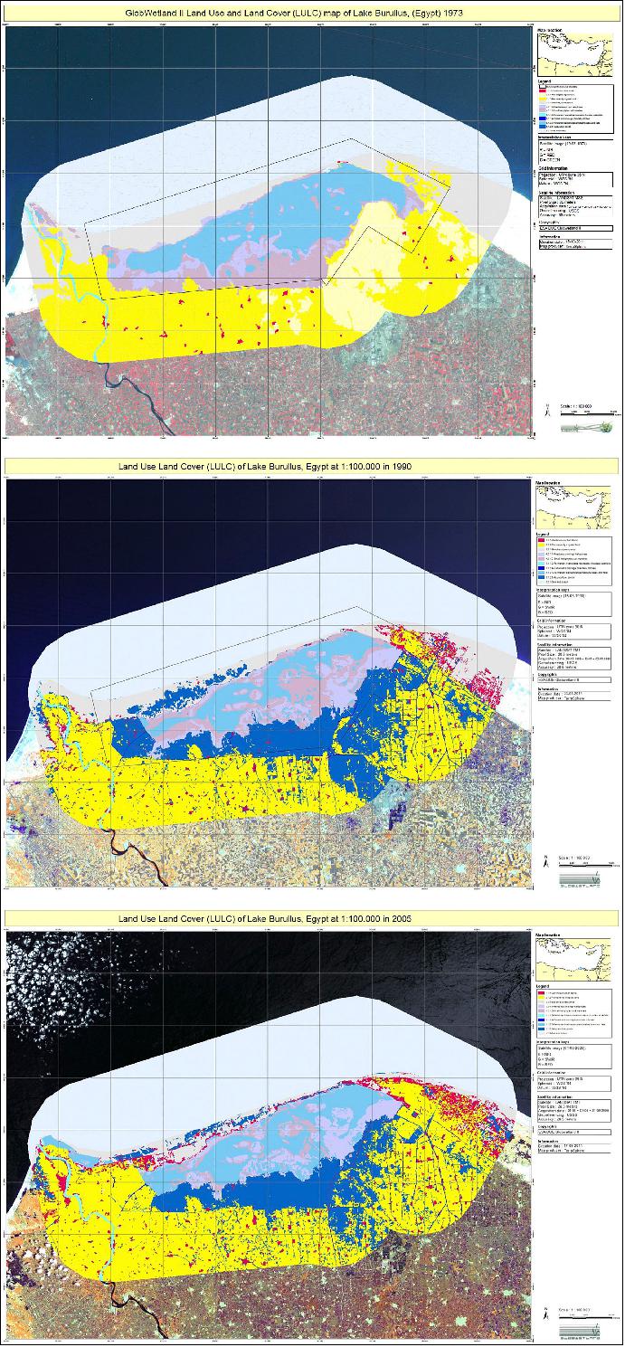 Figure 15: Wetland monitoring in Egypt. Land use and land cover maps from 1973 (top), 1990 (middle) and 2005 (bottom) of Lake Burullus in Egypt. The maps were created from Landsat data using the GlobWetland II observing system toolbox. Changes include a sharp increase of aquaculture (in cerulean blue) between 1973 and 1990 (fishponds), followed by a decrease of fishponds indicated from 1990 onwards at the west part of the main lake. An increase in urban settlements (in red) and an overall decrease of salt marsh vegetation (in violet) in the lake itself are evident. This is an indication of eutrophication due to the increase of waste water into the lake (released by the large aquaculture area). Changes also include the extrapolation of road network and drainage channels in the direct vicinity of the lake (image credit: ESA, GlobWetland II project)