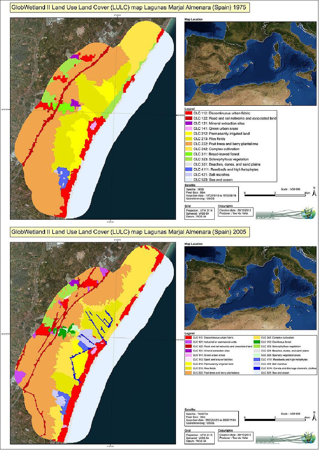 Figure 11: Wetland changes in Spain. Marjales de Almenara is a wetland located near the city of Almenara in Castellón, Spain. The natural wetland habitats are mainly marshes with aquatic vegetation and reed beds, and the artificial ones are rice fields. As shown on the maps, there have been many changes between 1975 and 2005 in terms of land use and habitat conversions. After the restoration of a part of the cultivated land in the middle of the area (dry crops and rice fields in 1975), new marshes have emerged through a system of canals that provides fresh water and keeps this area permanently flooded (image credit: MWO / ESA / GlobWetland II project team)