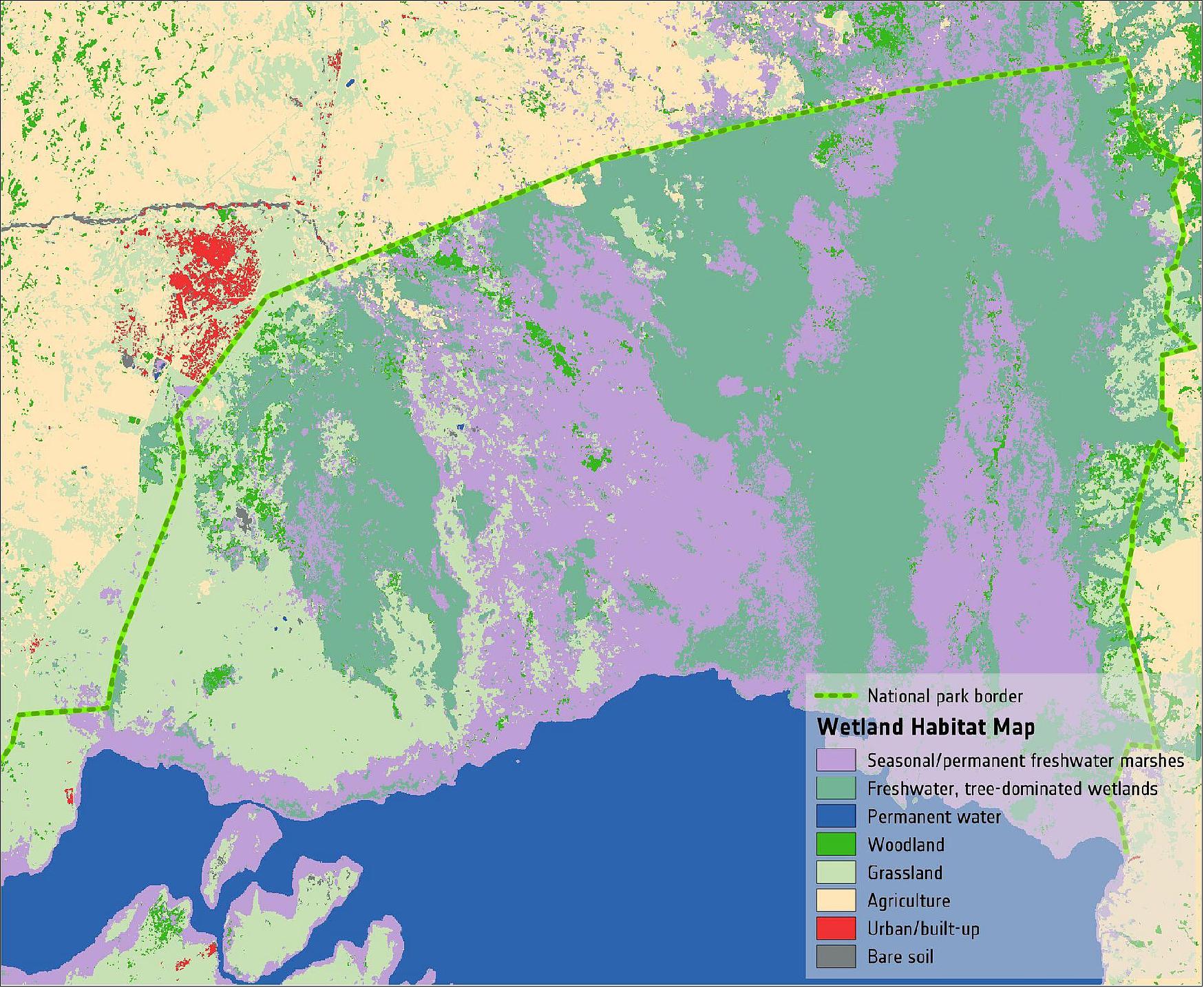 Figure 7: The wetland habitat map, generated by GlobWetland Africa, provides a detailed map of the Lake George wetlands and the surrounding area. Lake George was designated in 1988 as Uganda’s first Ramsar site, given its importance as a center for biological diversity. The city of Kasese can be seen in bright red. Signs of agricultural encroachment into the Ramsar site can be seen along the northern boundary (image credit: ESA, the image contains modified Copernicus Sentinel data (2019), processed by ESA GlobWetland Africa, ITC/DHI GRAS)