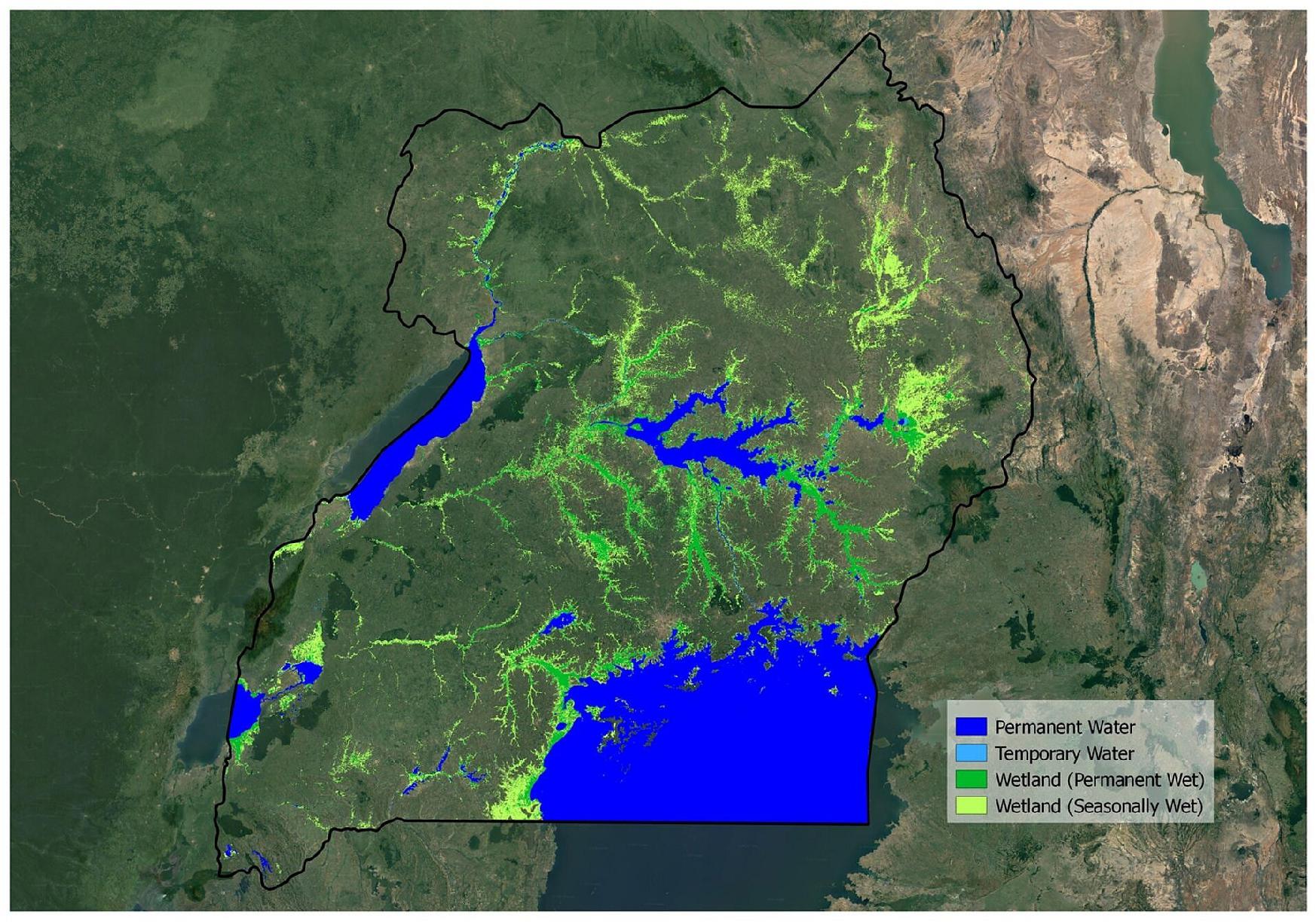 Figure 6: Map showing the wetlands of Uganda overlaid on GoogleEarth images. Dark blue shows permanent water bodies while temporary water is visible in light blue. Dark and light green areas depict wetland areas which are permanently and seasonally wet, respectively. The map has been produced using a hybrid sensor approach that combines optical and radar observations using data from the Copernicus Sentinel-1 and Sentinel-2 missions, as well as data from the US Landsat mission, from 2016-17. The maps can be used to accurately monitor the dynamics of water and wetland areas in Uganda. (image credit: ESA, the map contains modified Copernicus Sentinel data (2016-17), ESA GlobWetland Africa, Global Partnership for Sustainable Development Data, GeoVille Information Systems)