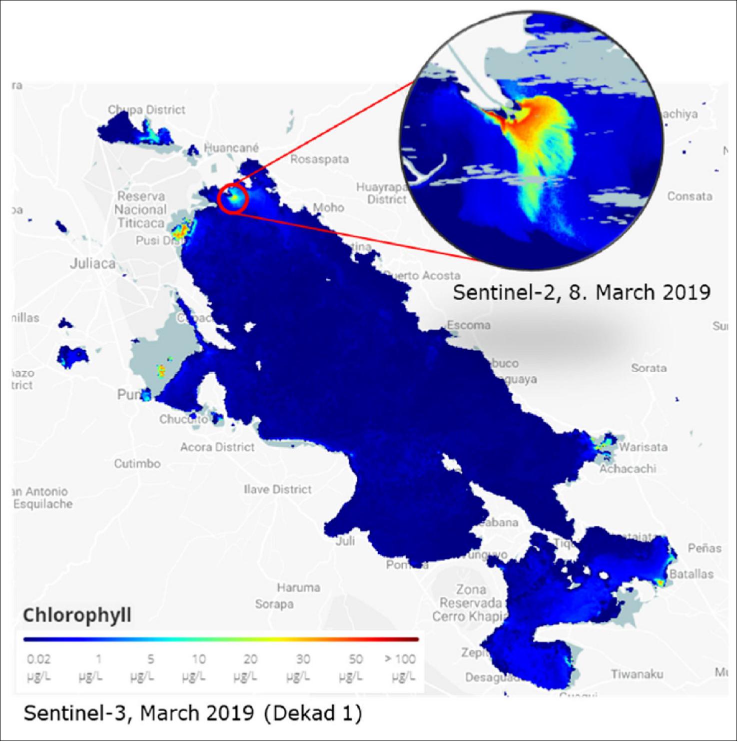 Figure 4: This map shows the chlorophyll content of Lake Titicaca based on Copernicus Sentinel-3 data. Such 10-day composites can show spatial variation of concentrations in the lake and help detect trends and hot spots while minimizing the impact of clouds. The insert image shows a daily chlorophyll map from 8 March 2019 for a selected hotspot region using Sentinel-2 imagery in 10 m resolution (image credit: EO4SD Water)