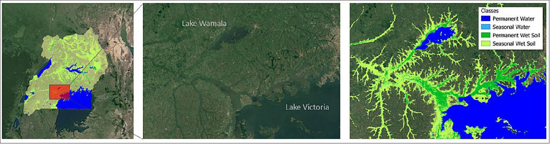Figure 3: These images show wetlands along the shore of Lake Victoria and Lake Wamala. Wetlands form along narrow water streams, where the groundwater level is high, and regular floods occur. The maps show that some of the wetlands have a strong seasonal component, whereas others are moist throughout the year (GlobWetland Africa Extension on Wetland Inventory)