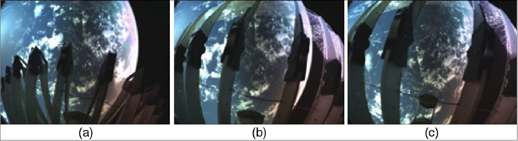 Figure 14: On-orbit pictures captured during the 3-minute deployment sequence: (a) the ribs unfurl as the antenna is nearly extended, (b) ribs open, and (c) final dish shape tensioning and subreflector separation (image credit: NASA/JPL Team)