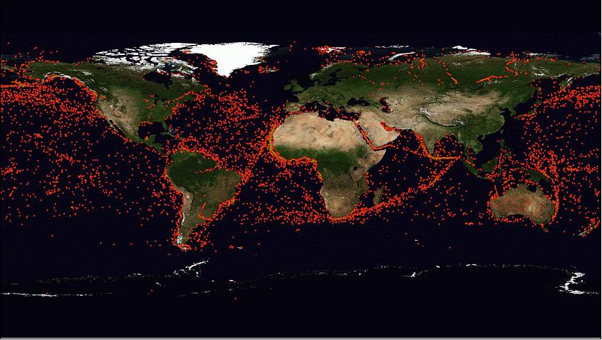 Figure 7: Since its launch on June 30, 2014, AISAT has received over 52,000 AIS signals from ships around the world (image credit: DLR)