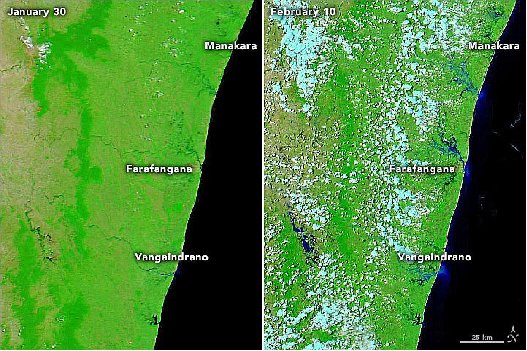 Figure 39: Flooding was visible on February 10 (right) when the MODIS instrument on NASA’s Aqua satellite passed over. In this comparison of false-color imagery, which uses MODIS bands 7-2-1, areas flooded with sediment-laden water appear blue. The flooding is particularly visible around the cities of Manakara, Farafangana, and Vangaindrano, which lie south of Mananjary. The same area is shown on January 30, between recent storms (image credit: NASA Earth Observatory images by Joshua Stevens, using MODIS data from NASA EOSDIS LANCE and GIBS/Worldview. Story by Sara E. Pratt)