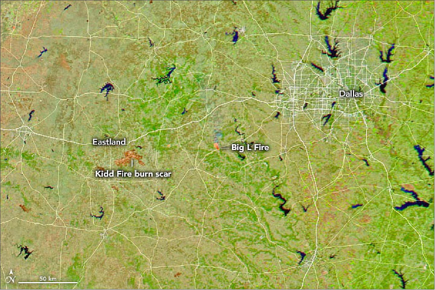 Figure 34: This false-color image combines visible and shortwave infrared light (MODIS bands 7,2,1). Active fires appear orange; burn scars are brown; unburned vegetation is green; lakes and reservoirs are navy blue; and developed areas are gray (image credit: NASA Earth Observatory)