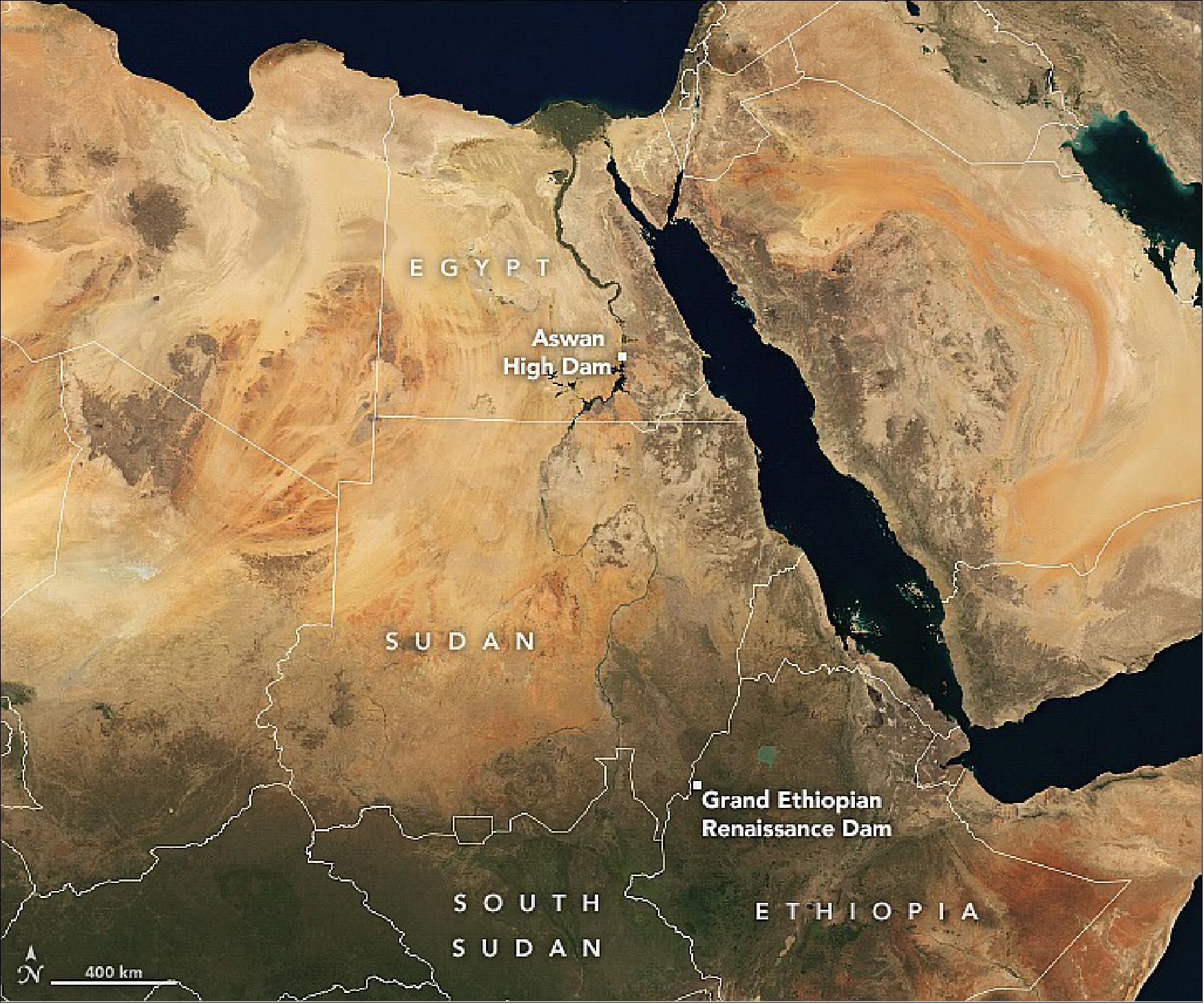 Figure 29: Image of North-East Africa acquired with the MODIS instrument of NASA's Aqua mission in 2021 (image credit: NASA Earth Observatory images by Lauren Dauphin, using data from the Level-1 and Atmosphere Archive & Distribution System (LAADS) and Land Atmosphere Near real-time Capability for EOS (LANCE), Black Marble data from NASA/GSFC, and Landsat data from the U.S. Geological Survey. Story by Adam Voiland)