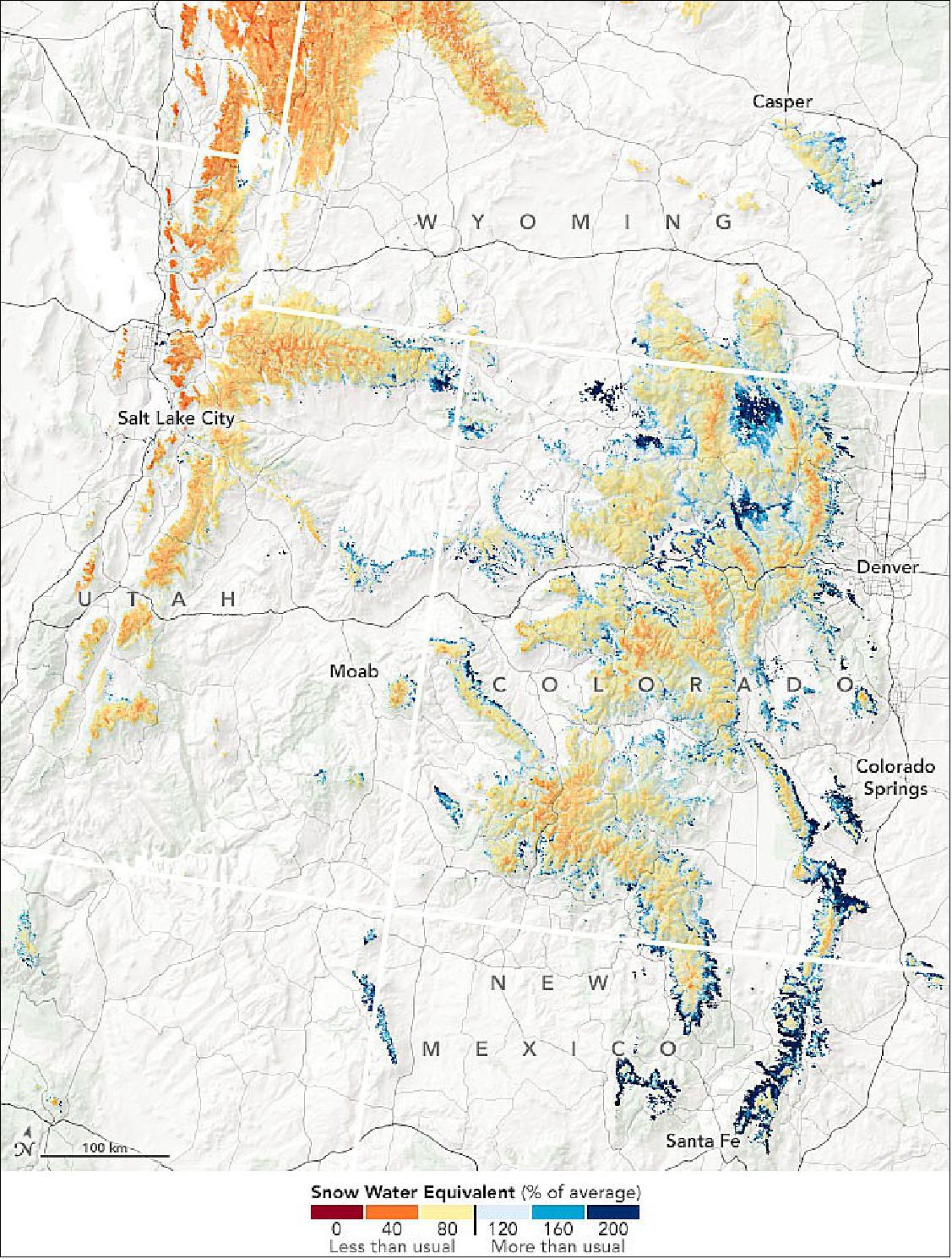 Figure 18: This Aqua map shows SWE in the Rocky Mountain region on April 1, 2022, as modeled by the INSTAAR team and compared to the long-term average (image credit: NASA Earth Observatory images by Joshua Stevens and Lauren Dauphin, using data courtesy of Leanne Lestak/University of Colorado-INSTAAR, the USDA Natural Resources Conservation Service (Story by Sara E. Pratt)