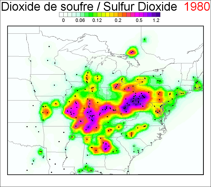 Figure 31: These animated gif maps (1980 - 2015) show annual mean SO2 VCD (DU) calculated using the plume model applied to the reported bottom-up emission data. Annual emission data from ~380 SO2 sources (black dots) that emitted 1 kt yr-1 at least once in 2005-2015 were included in the calculations (image credit: NASA)