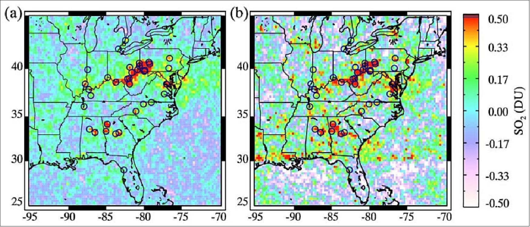 Figure 49: Monthly mean SO2 maps over the Eastern U.S. for August 2006 generated using (a) the new algorithm and (b) the operational algorithm (image credit: NASA/GSFC)
